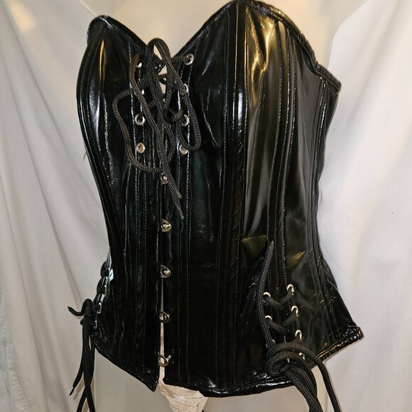 NEW LARGE BLACK PVC 28" TIGHT LACING BABYLON CORSET - Picture 3 of 15